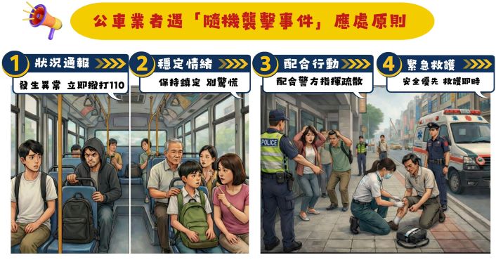 《圖說》遇隨機襲擊事件時，應「狀況通報」、「穩定情緒」、「配合行動」、「緊急救援」四大應變原則。〈交通局提供〉