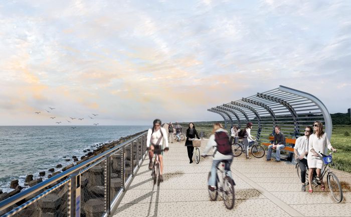 《圖說》將打造堤頂自行車道，供半遮蔭且可遠眺海景的休憩節點--模擬圖。〈高灘處提供〉