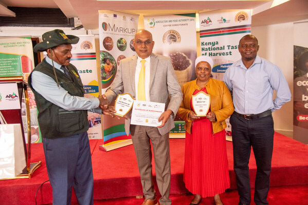 From left: Mr. James Wanjohi, Director in charge of State Corporations, presents the 1st and 3rd Place awards in the Washed Arabica Category to John Sathya, CEO, Tatu Coffee Estates Limited; Faith Karimi, General Manager, Oaklands Coffee Marketing Limited;and Simon Nyamu, Chief Liquorer, Tatu Coffee Estates Limited, during the National Taste of Harvest Kenya 2025–2026, the country’s most prestigious coffee quality competition. Tatu Coffee is owned by Rendeavour, the developer of Tatu City Special Economic Zone.
